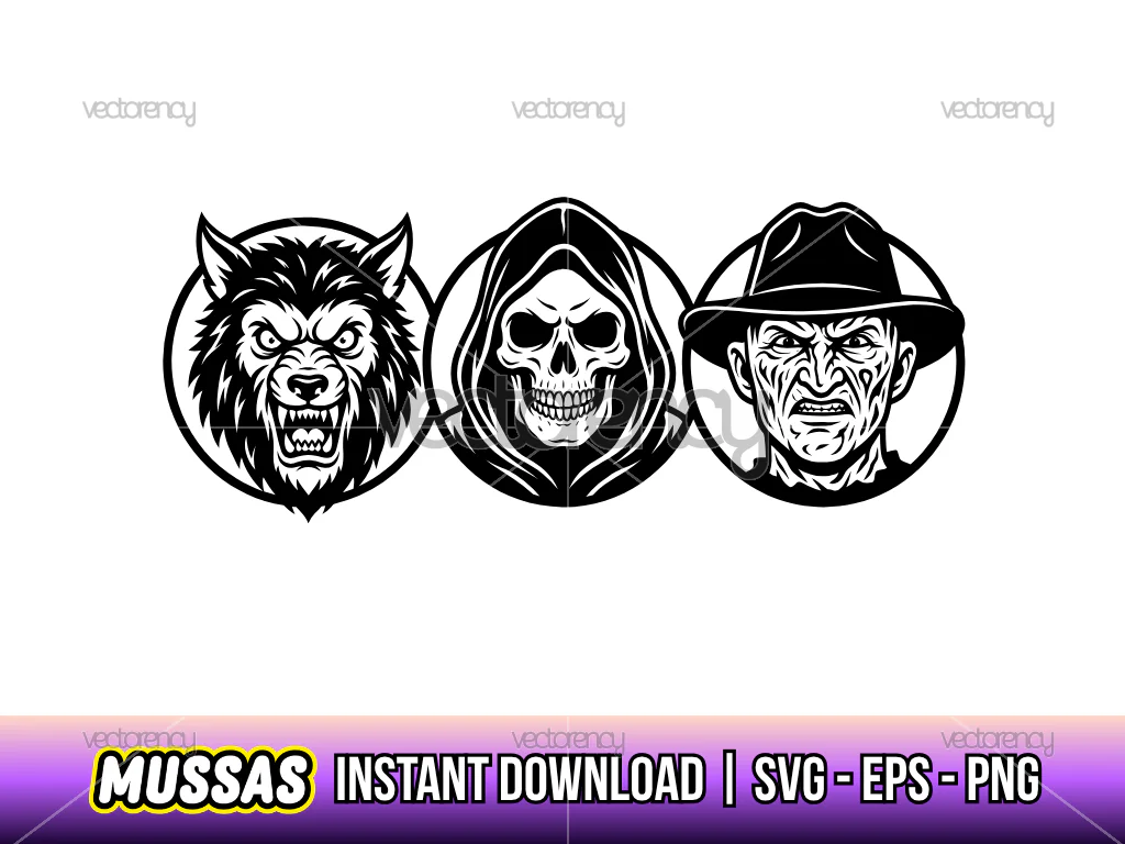 Halloween Character The Werewolf, The Grim Reaper and Freddy Krueger Vector