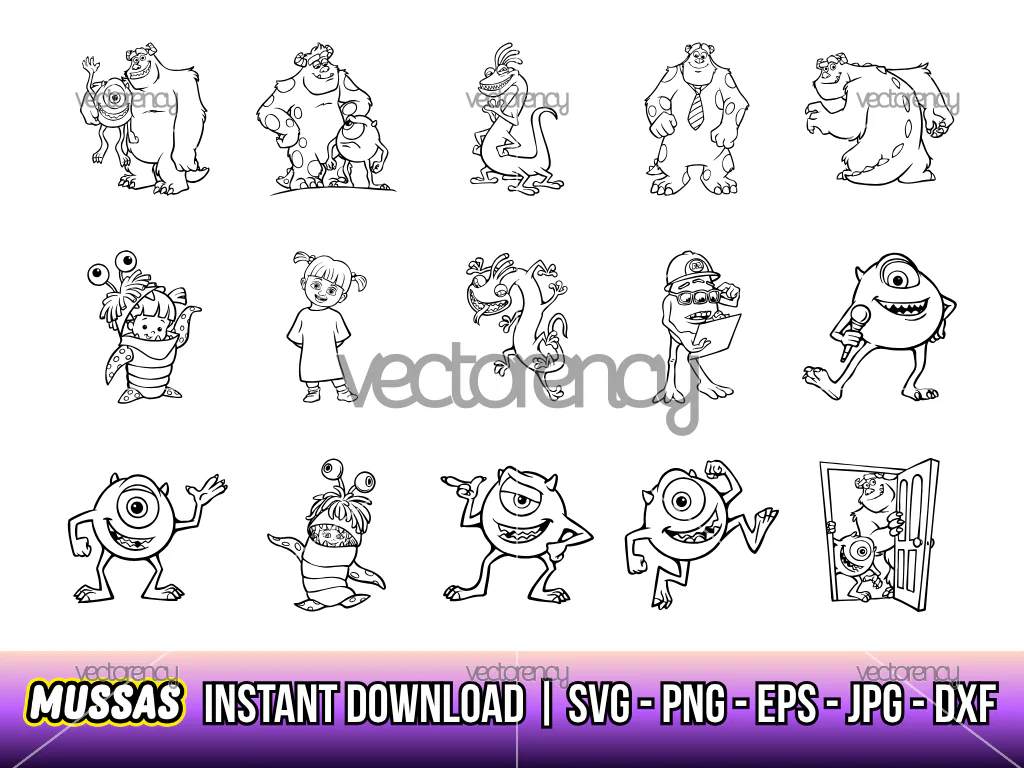 Monsters Inc Outline Clipart, Mike, Roz, Boo, James SVG