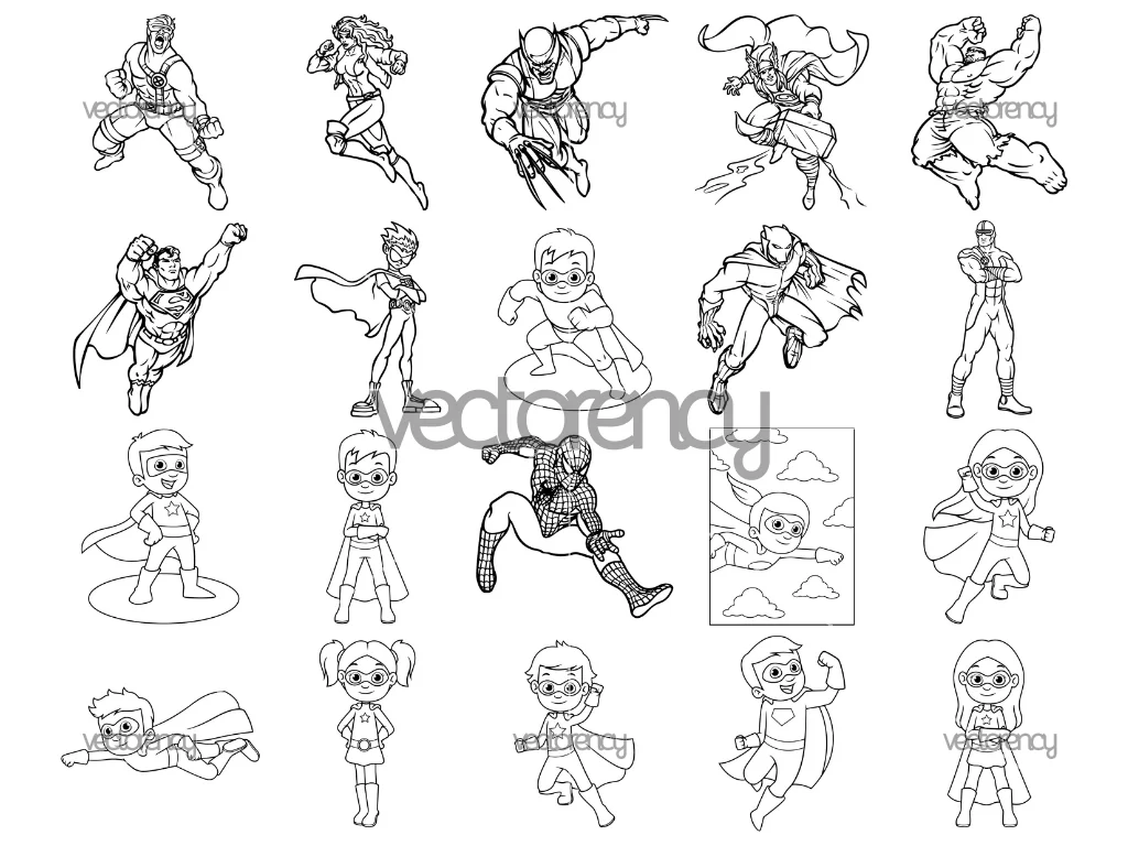 Superhero Outline SVG Spiderman Wolverine Hulk Superman PNG Vector