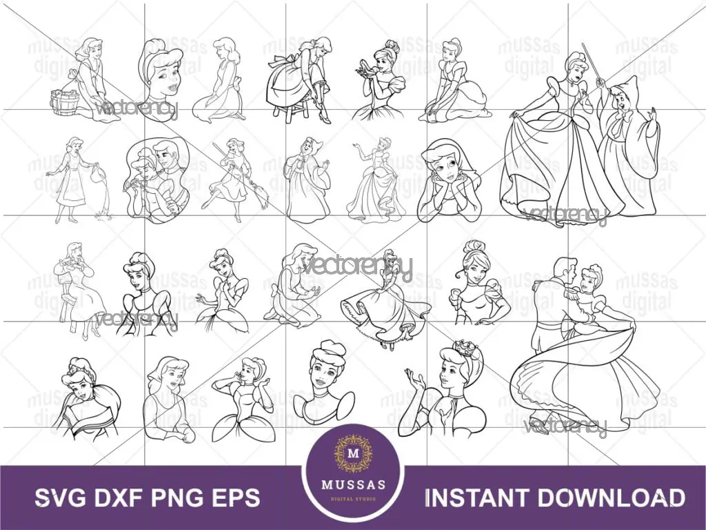 Cinderella Outline SVG Bundle Disney Clipart