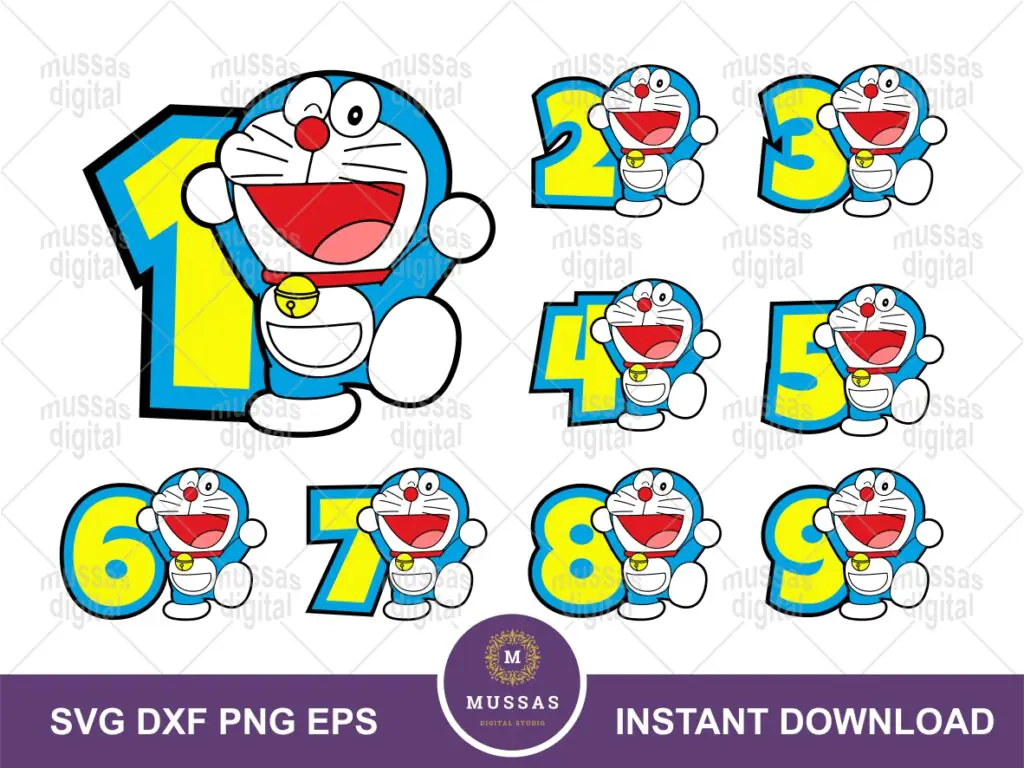 Doraemon SVG, Doraemon Birthday Theme Numbers 1 2 3 4 5 6 7 8 9 PNG Printable