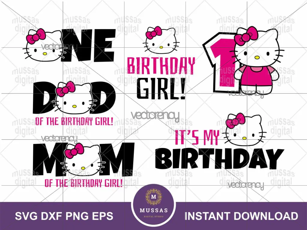 One Birthday Girl Hello Kitty Bundle PNG, SVG, EPS