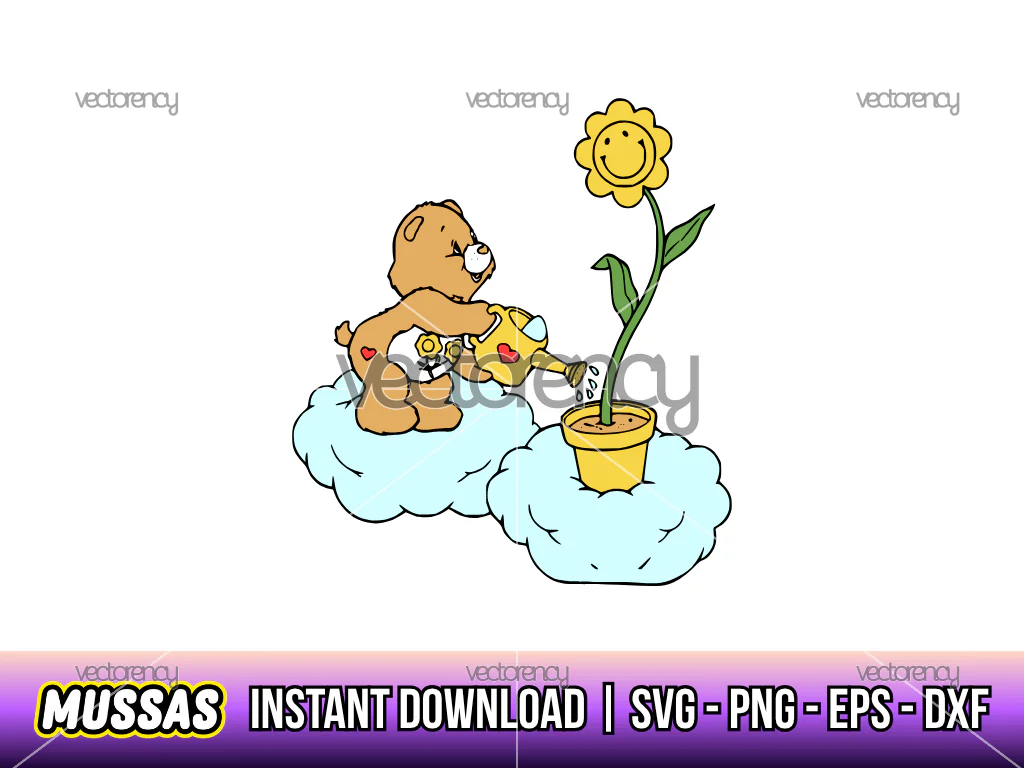 Friend Bear Watering Sunflower Vector Cartoon SVG Download