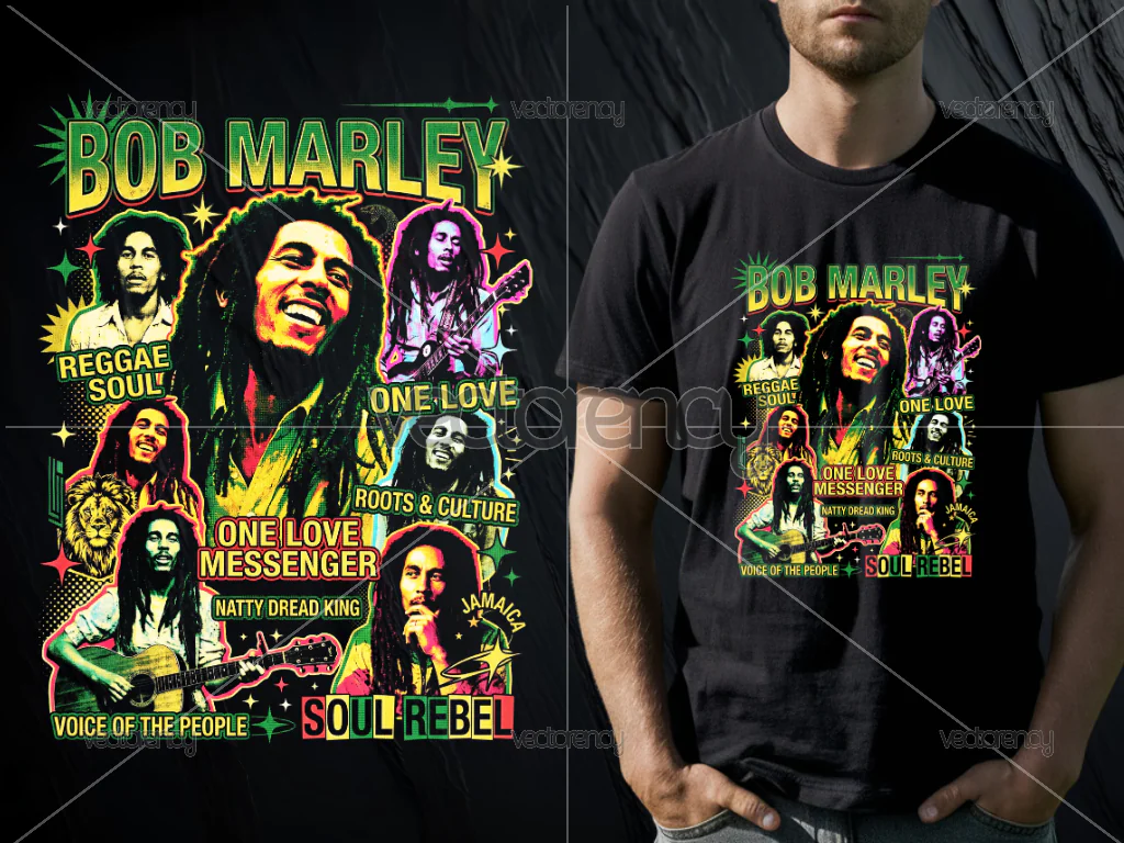 Bob Marley PNG T-Shirt Design Download Halftone Raster DTF for Black T-Shirt Only