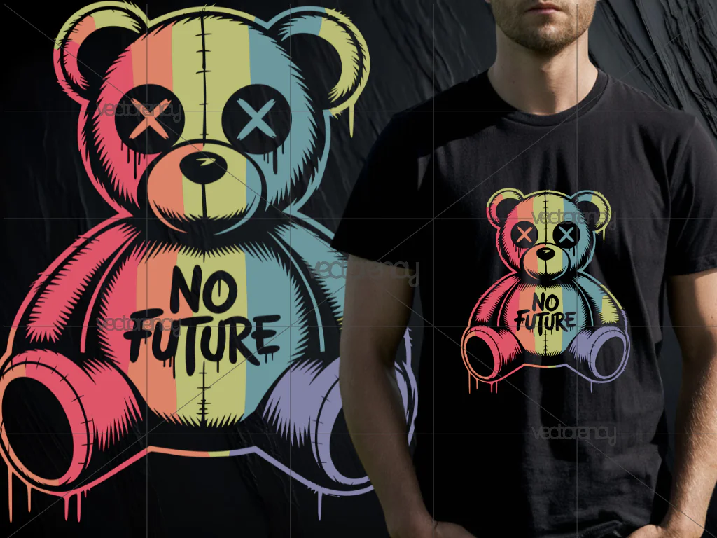 Teddy Bear PNG Streetwear DTF Black T-Shirt