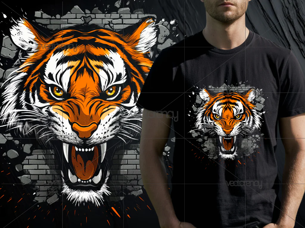 Tiger Bursting Through A Brick Wall PNG