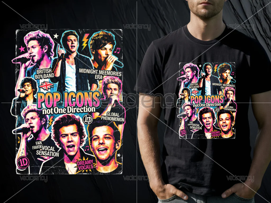 One Direction PNG Halftone Design for DTF Printing Black T-Shirt