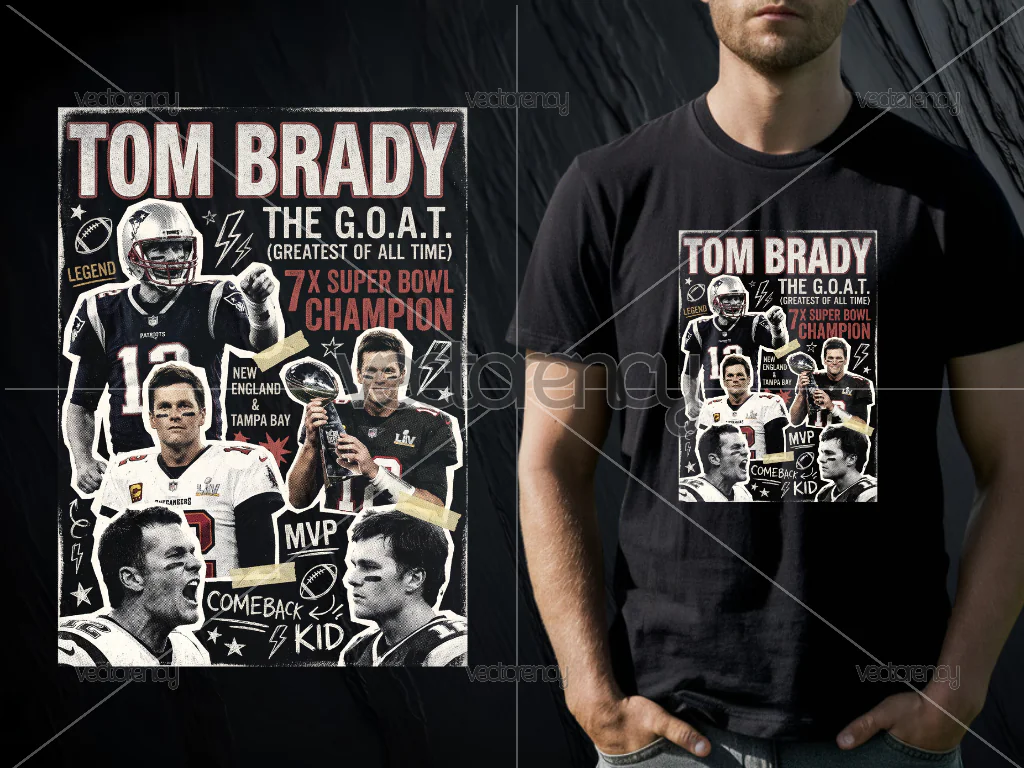 Tom Brady PNG Halftone Raster Design for DTF Printing Black Shirt