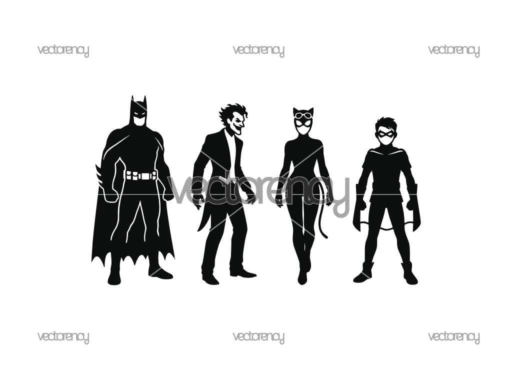 Batman, The Joker, Catwoman, and Robin Silhouette SVG