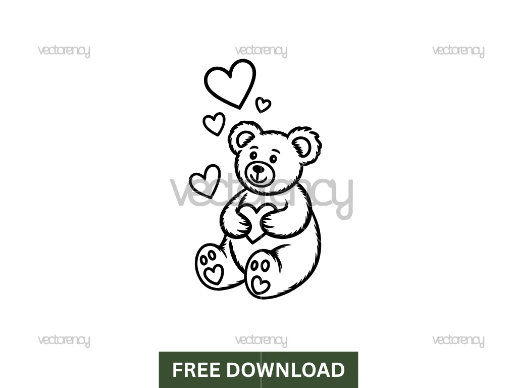 Black and White Line Art Teddy Bear Free SVG