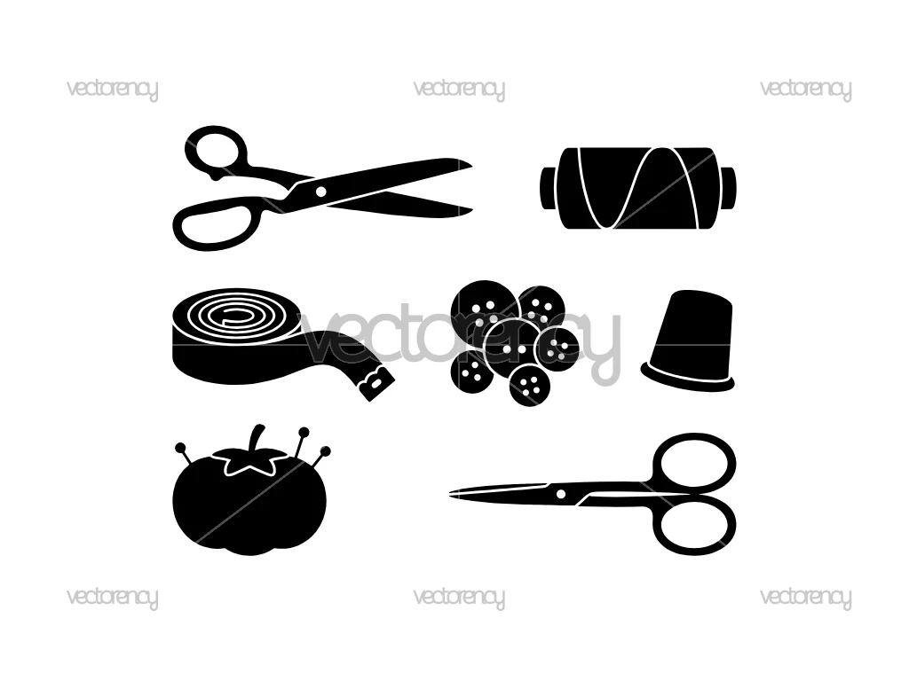 Sewing Studio Scissors, Thread, Measuring Tape, Buttons SVG