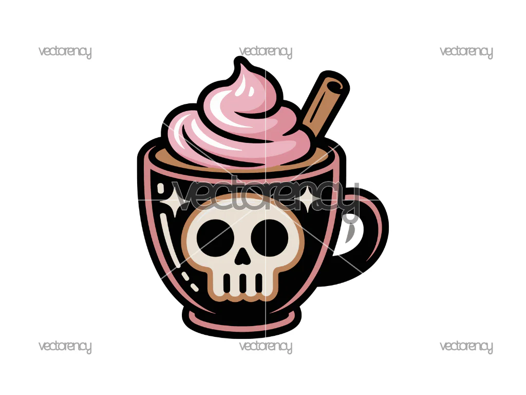 Cute Gothic Black Latte Cup Skull Halloween Clipart