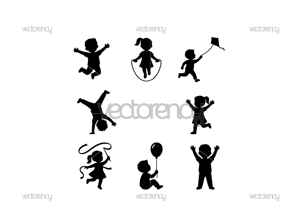 Happy Kids Silhouette SVG, Jump, Flying a Kite