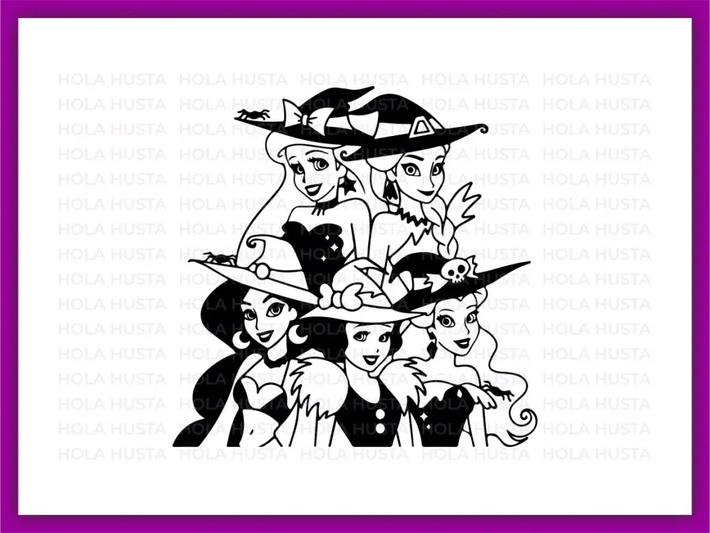 Princess Halloween Witches SVG Ariel, Elsa, Jasmine, Snow White, Belle – Outline Silhouette.