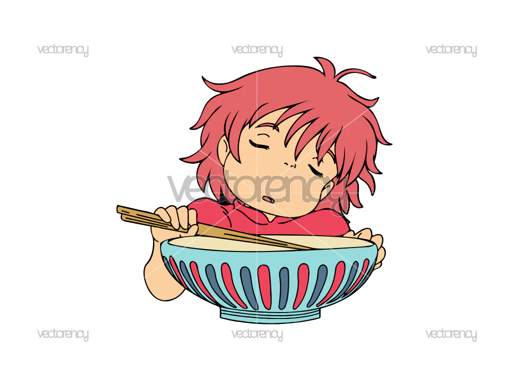 Ponyo Eats and She’s Sleepy Cartoon Anime Vector PNG