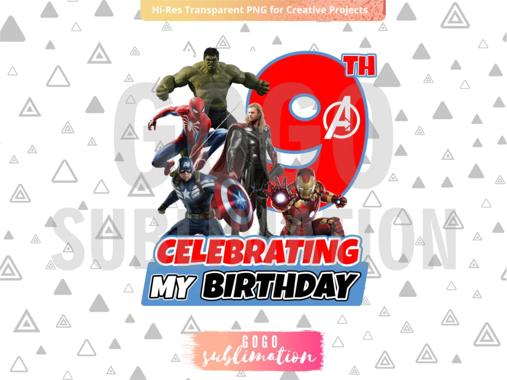 Marvel Avengers Celebrating My 9th Birthday T-Shirt Design PNG