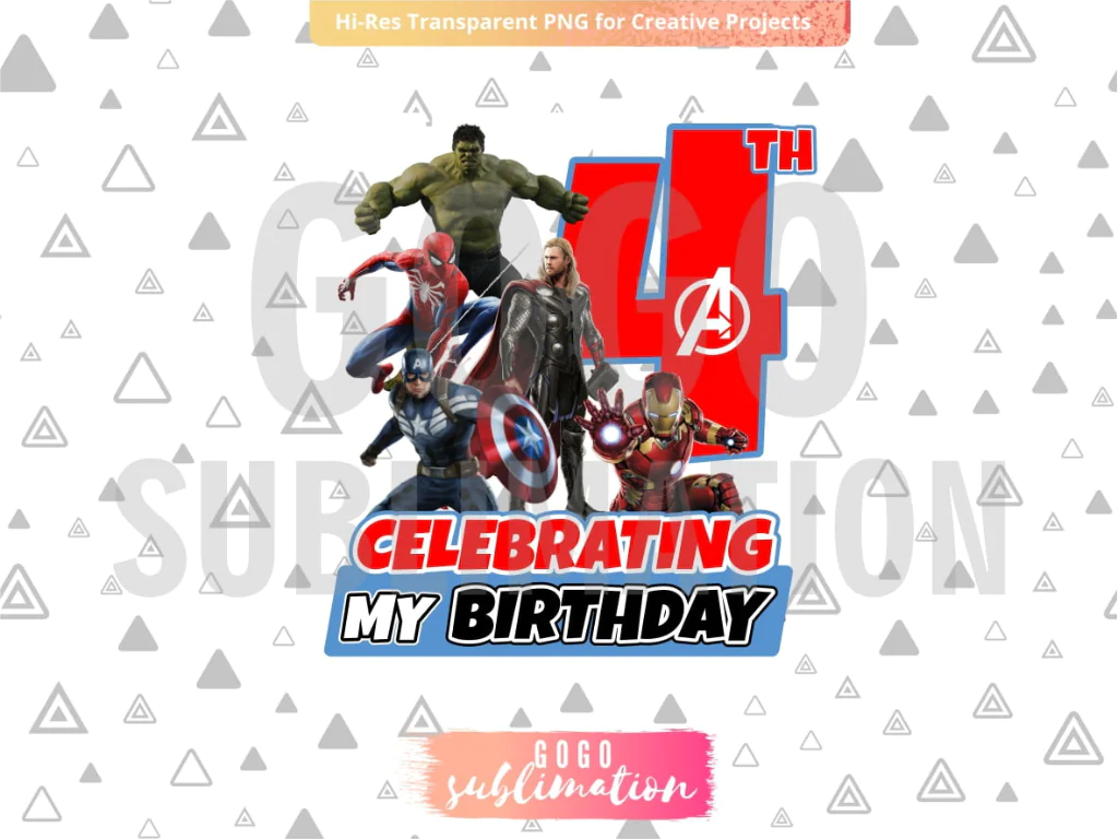 Marvel Avengers Celebrating My 4th Birthday T-Shirt Design PNG