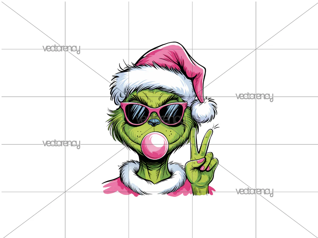 Watercolor Illustration of The Grinch in Pink Sunglasses PNG