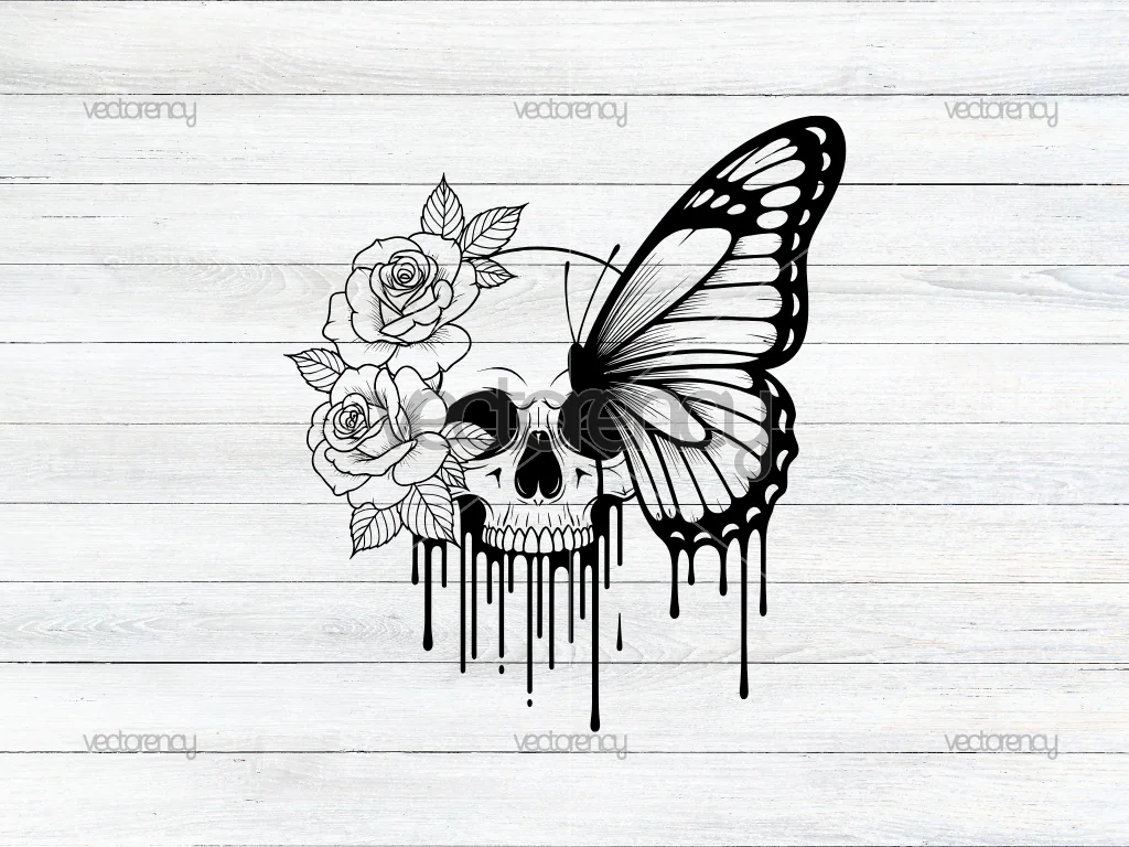 Floral Skull with Roses and Butterfly Vector SVG