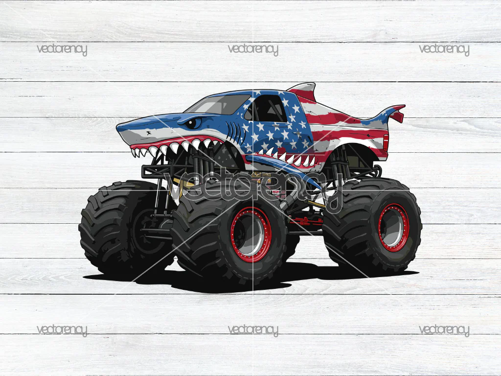 Monster Truck PNG, American Flag and Shark Theme, Patriotic Vehicle Clipart Digital Download
