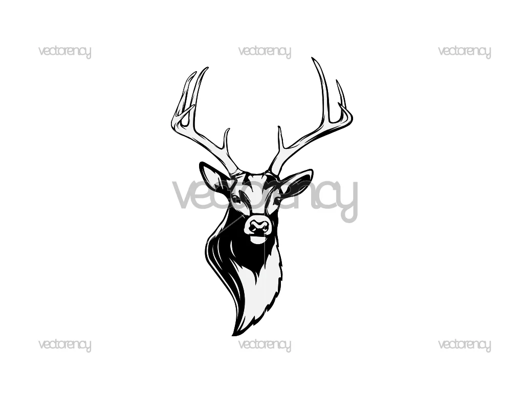 Black and White Vector Illustration of a Deer Head with Large Antlers