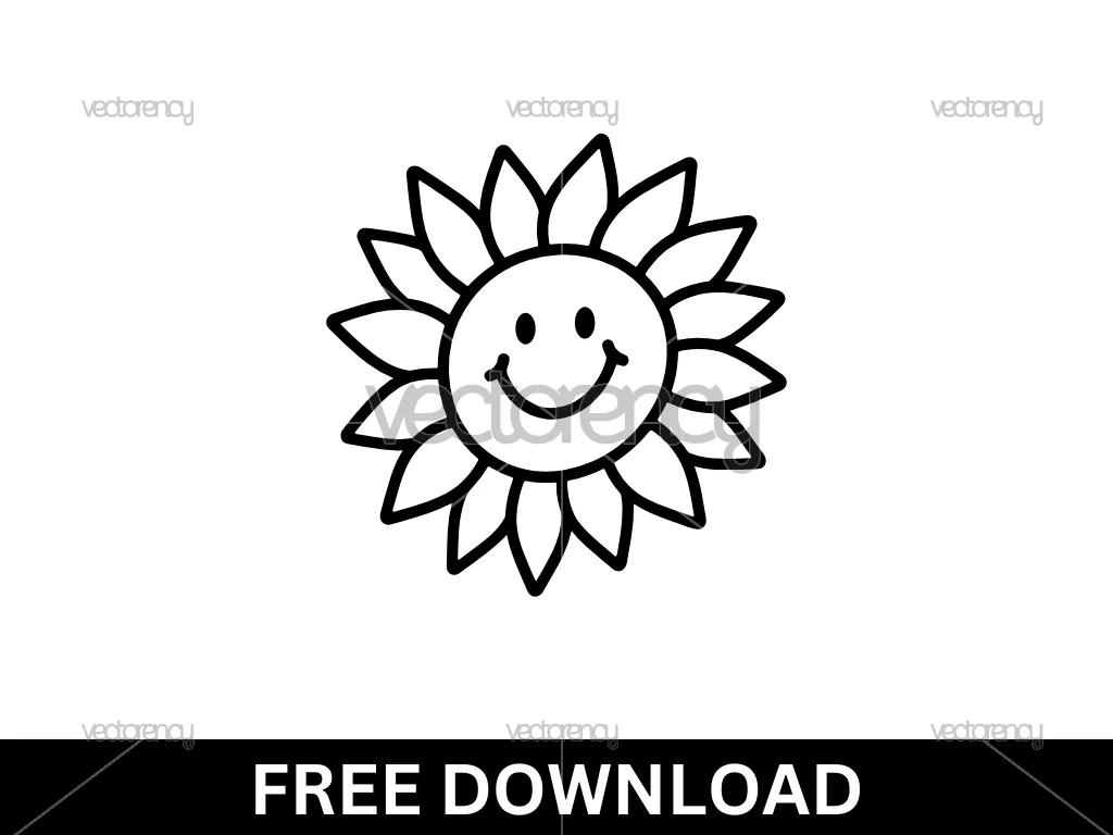 Free Sunflower Smile Black and White Clipart