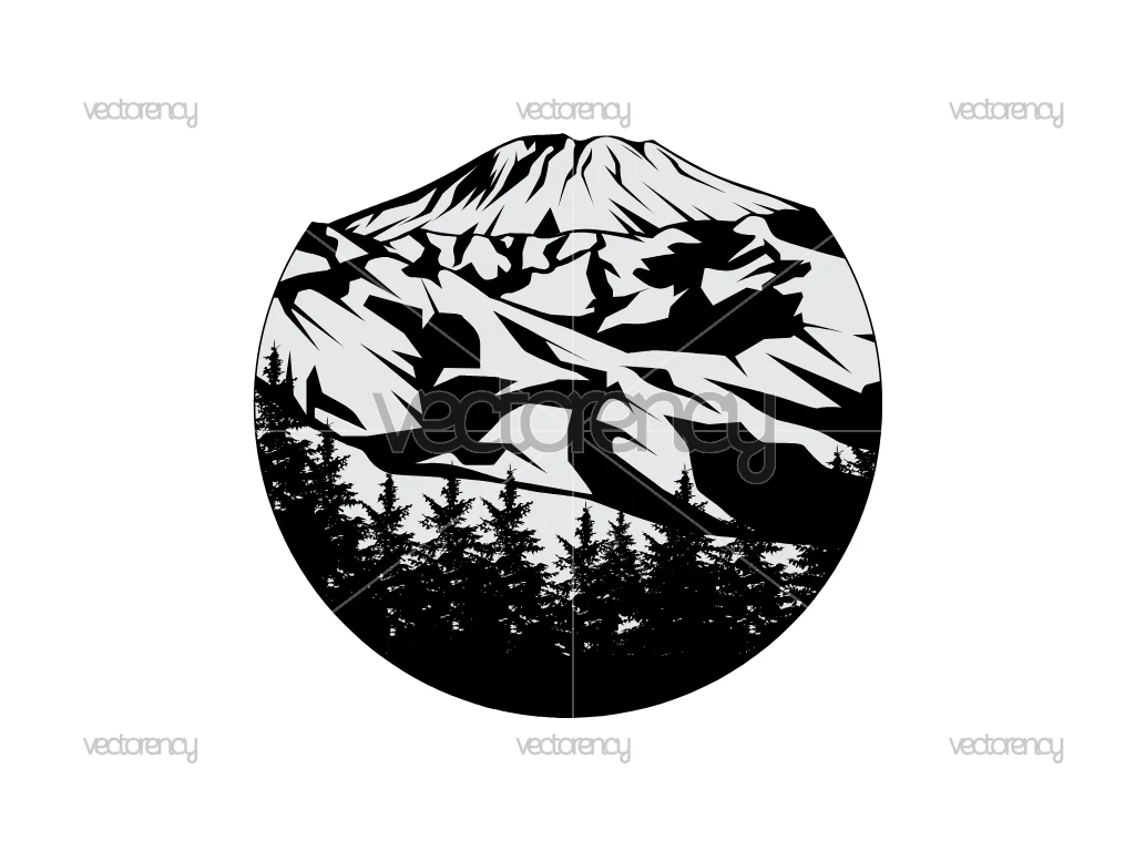 Mountain Landscape Within a Circular Frame Vector Illustration