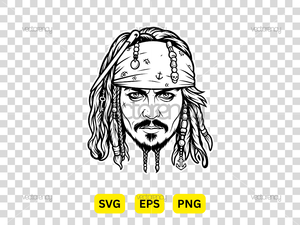 Johnny Depp Jack Sparrow Vector Portrait Face Black and White