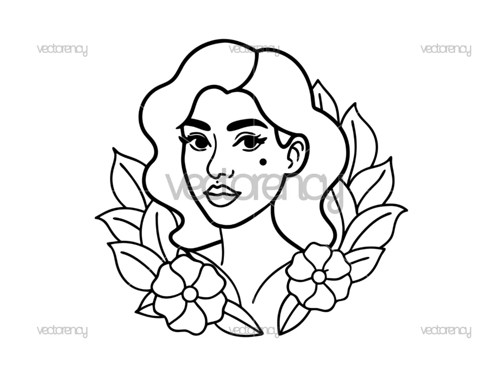 Female Portrait with Blooming Flowers Elegant Line Art Design
