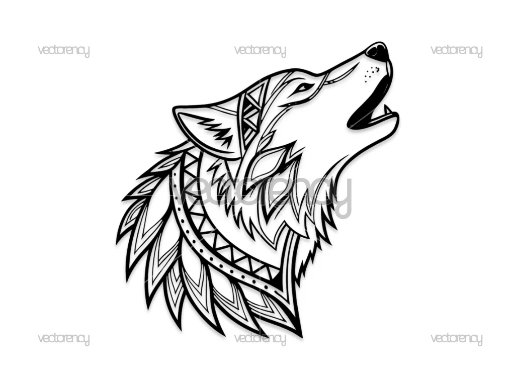 Tribal Wolf Head Artwork ,Geometric Howling Wolf Illustration