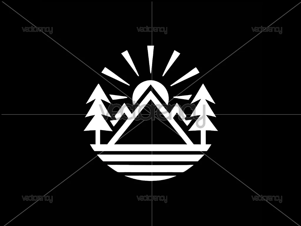 Mountain Peak Logo Nature Badge with Sun and Pine Trees