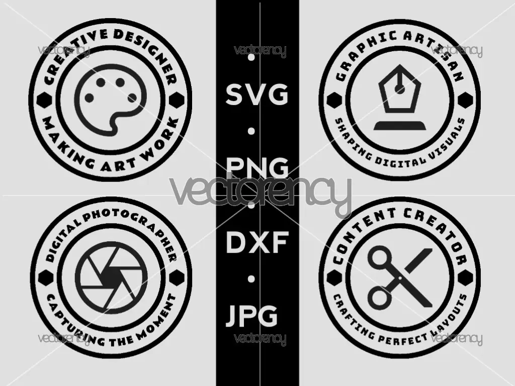 4 Minimalist Creative Badge Logo Designs Vector Pack (SVG, DXF, PNG, JPG)