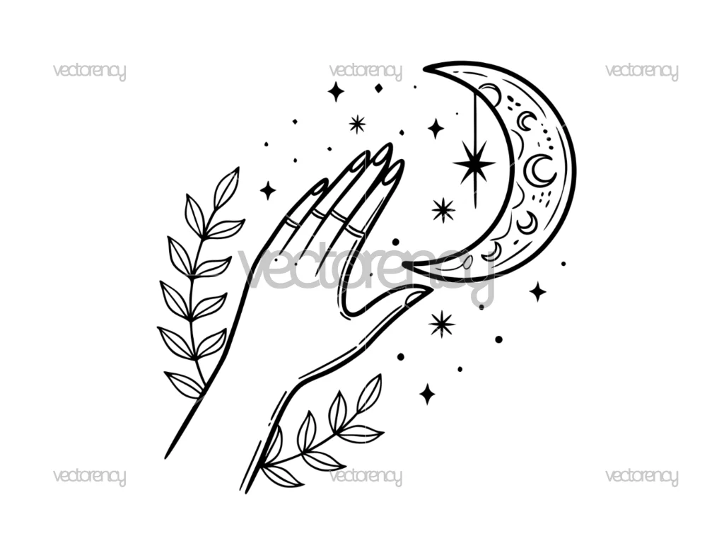 Mystical Hand Reaching for the Moon Celestial Line Art Illustration