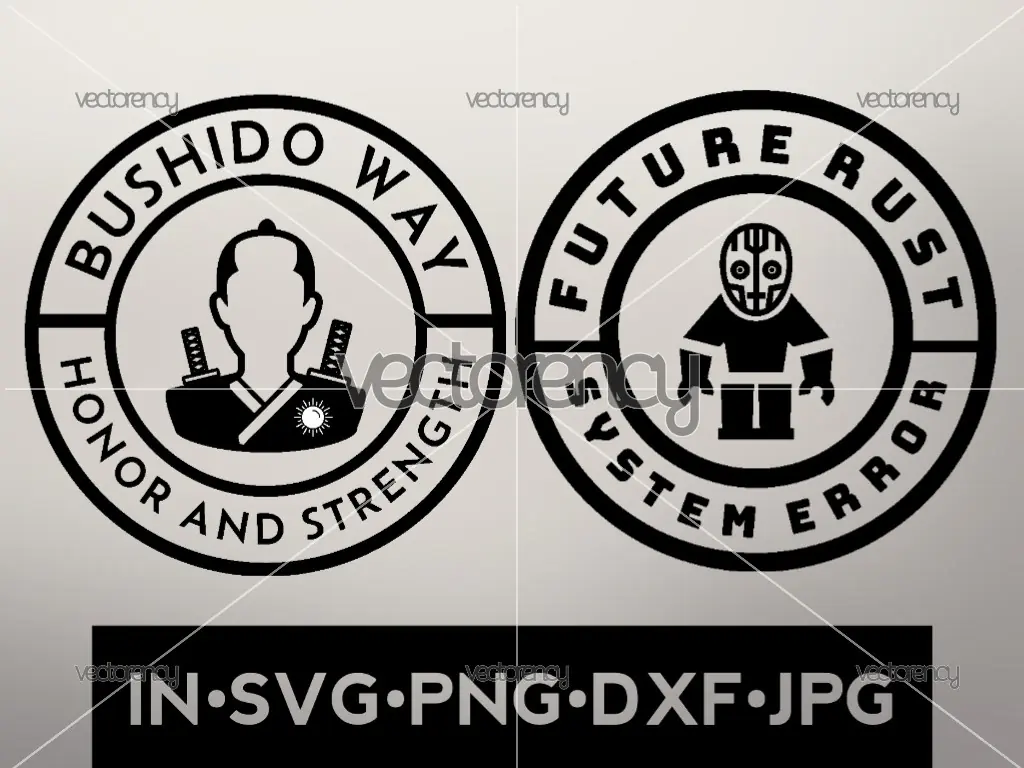 2-Pack Minimalist Streetwear Badge Vector Bundle - Samurai & Cyberpunk Robot Emblems