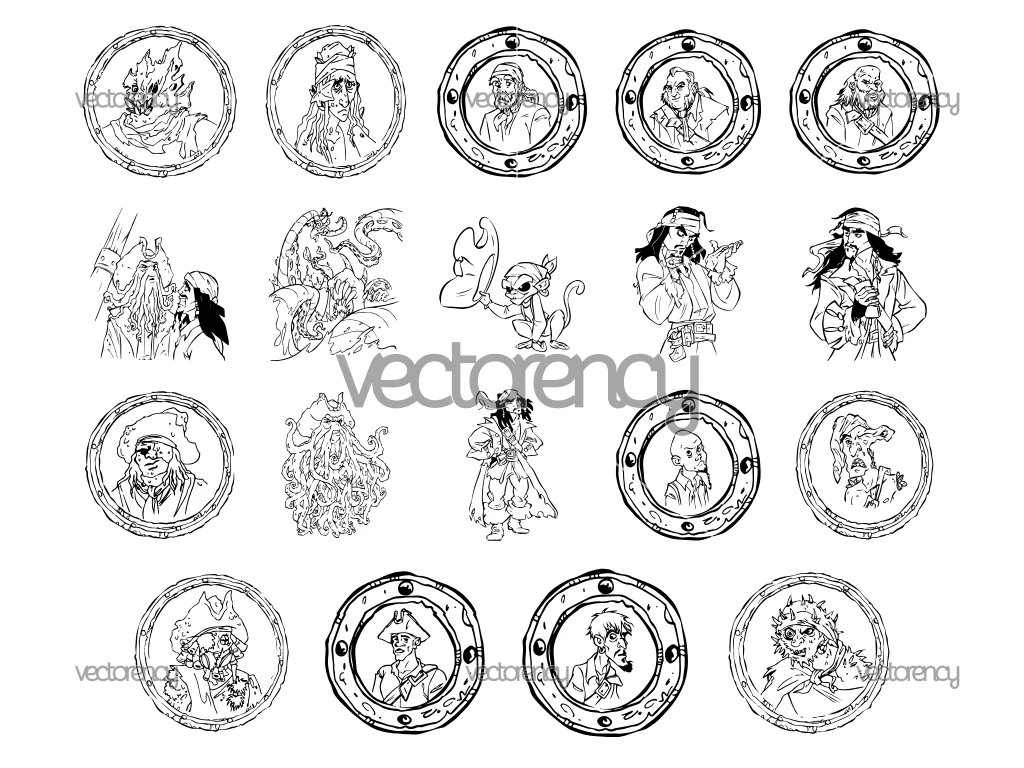 Pirates of the Caribbean SVG Bundle, Cartoon, Outline Vector