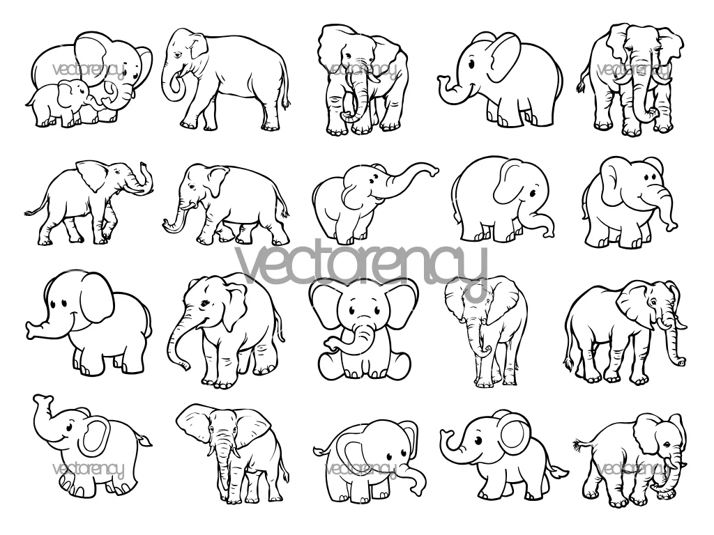 Elephant Clipart SVG, Cute Animal Outline, Vector PNG