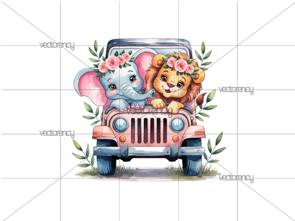 Cute Lion and Elephant Watercolor Illustration