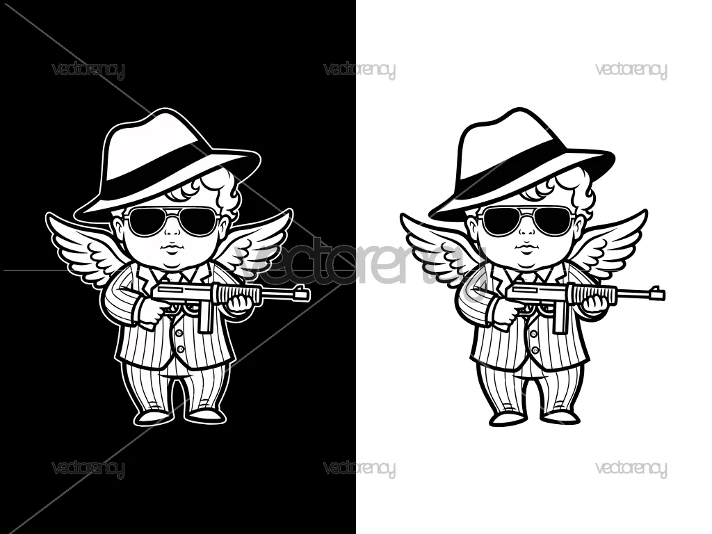 Black and White Cupid Gangster Vector for Tattoo Craft Sticker