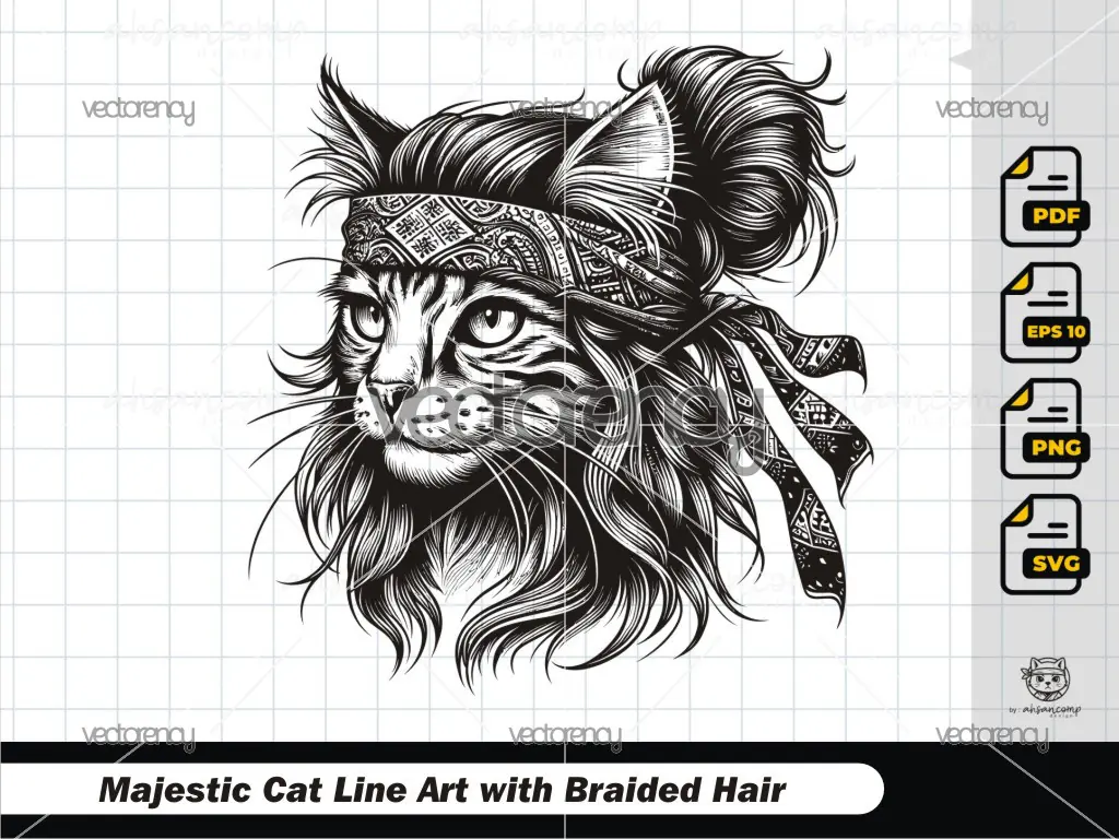 Majestic Cat Line Art with Braided Hair 5
