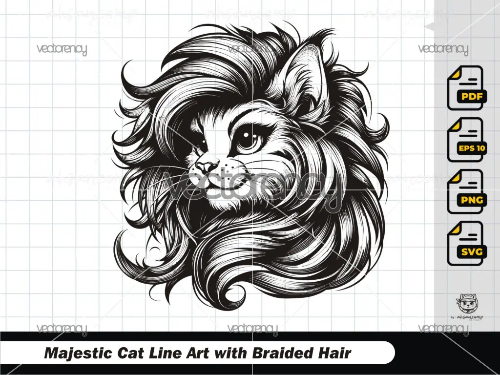Majestic Cat Line Art with Braided Hair 2