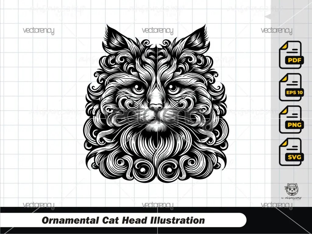 Ornamental Cat Head Illustration 1