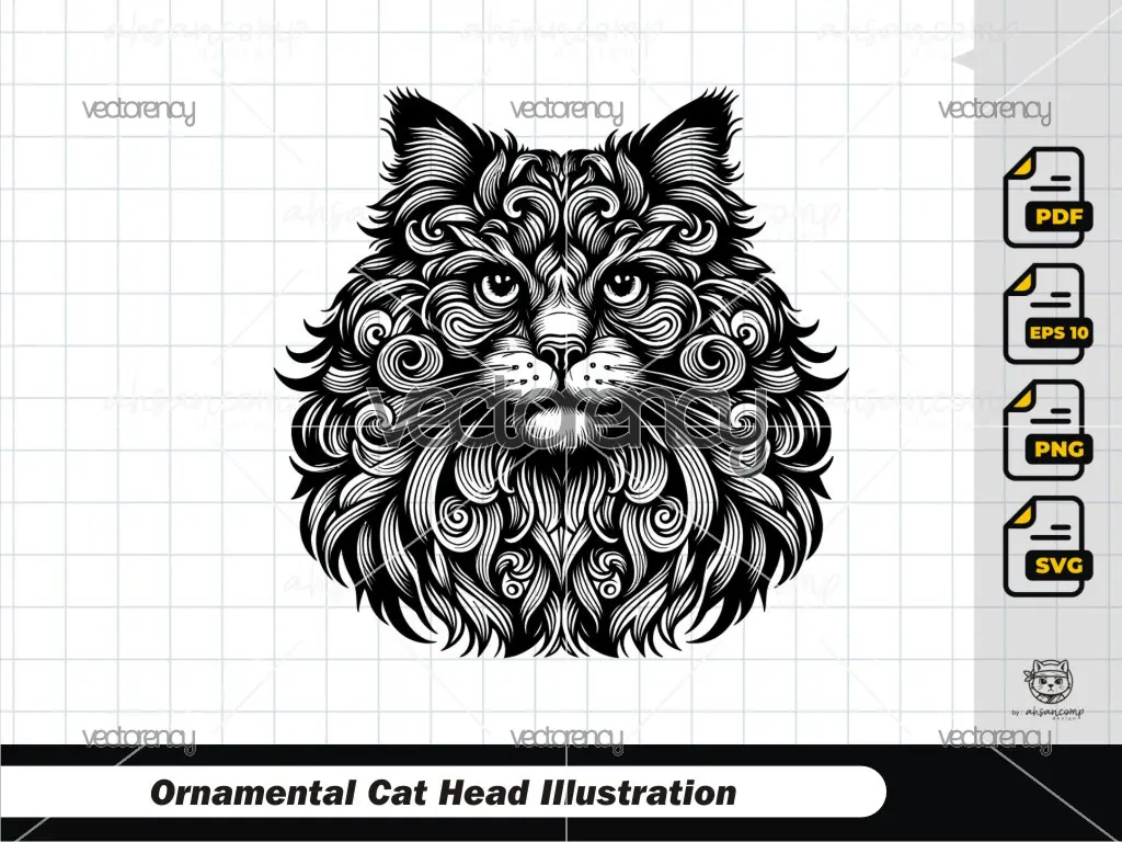 Ornamental Cat Head Illustration 3