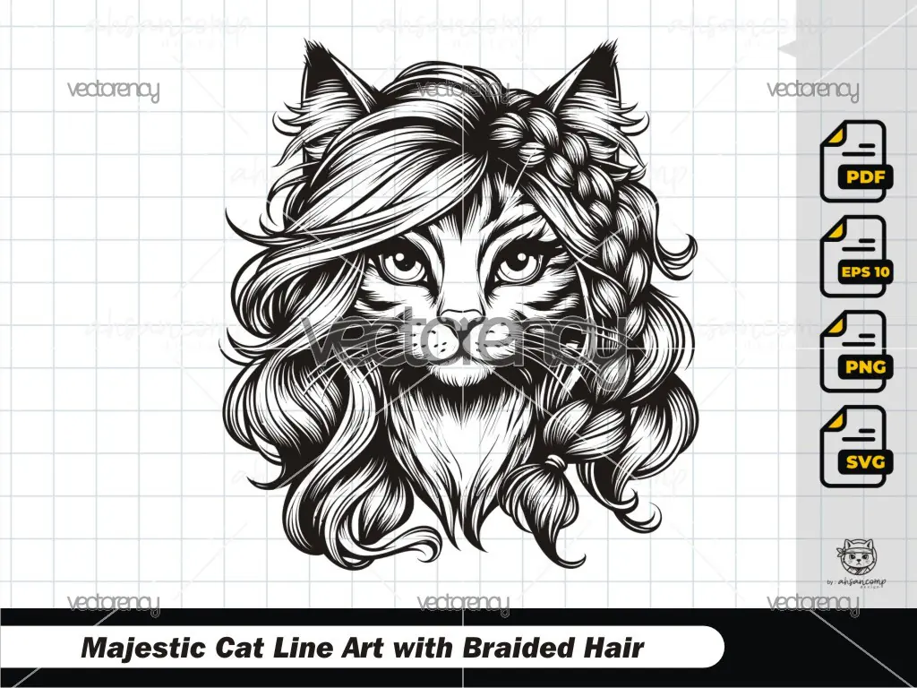 Majestic Cat Line Art with Braided Hair 7