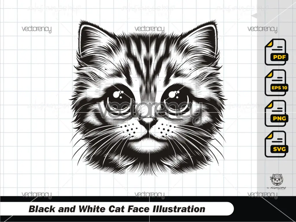 Black and White Cat Face Illustration