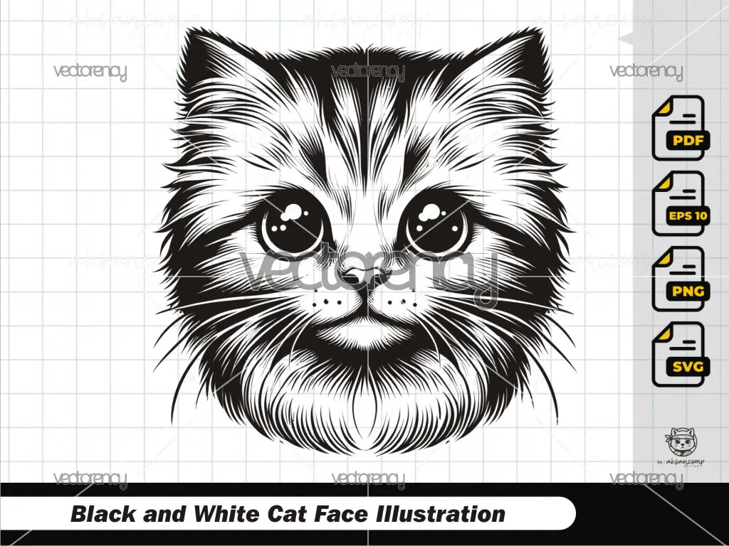 Cute Big-Eyed Kitten Line Art