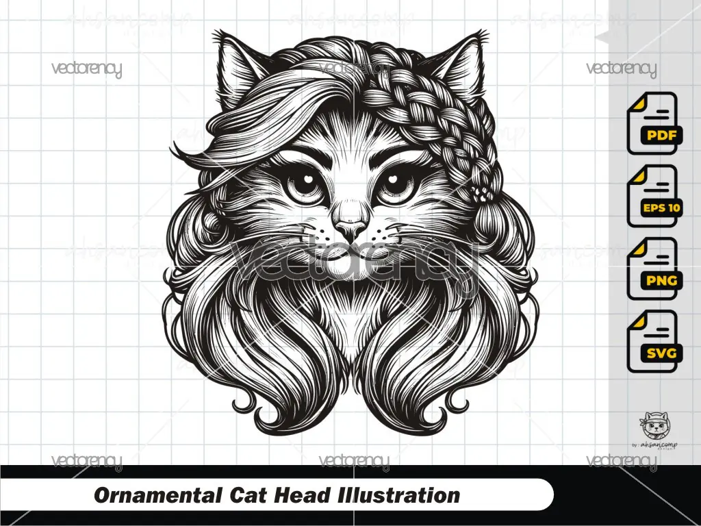Majestic Cat Line Art with Braided Hair 1