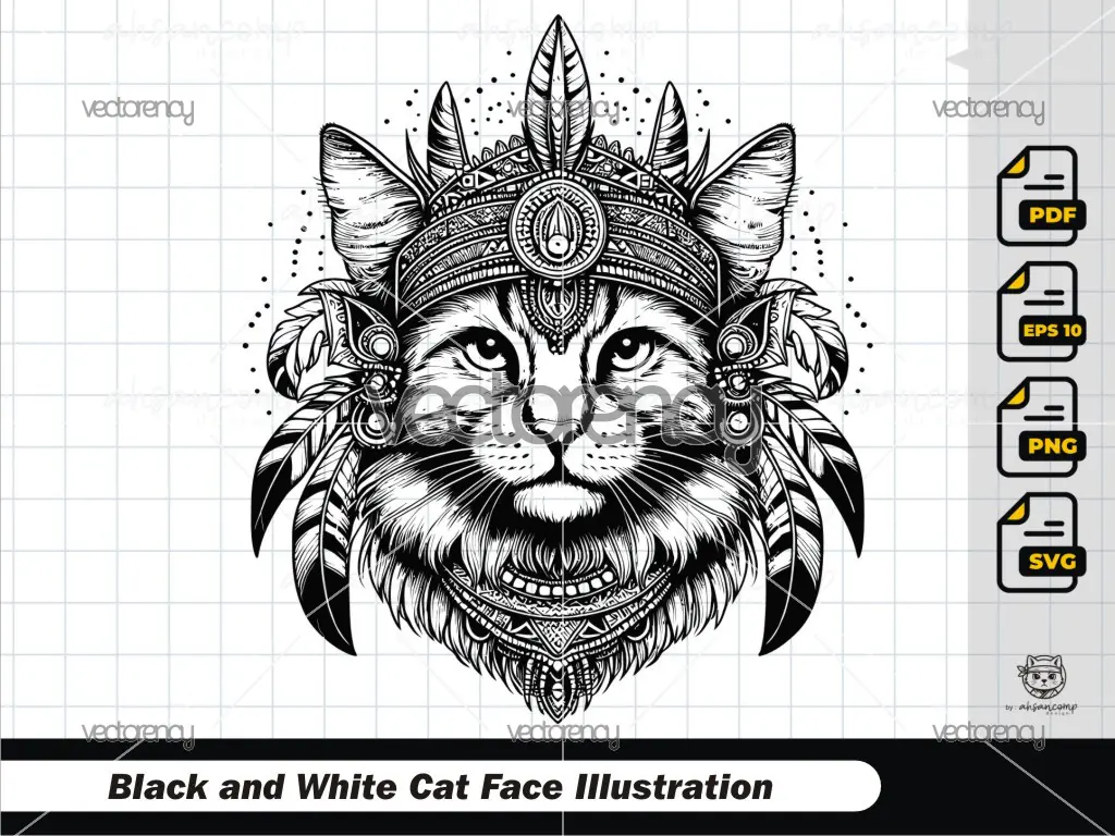 Tribal Cat Head Line Art – Boho Style