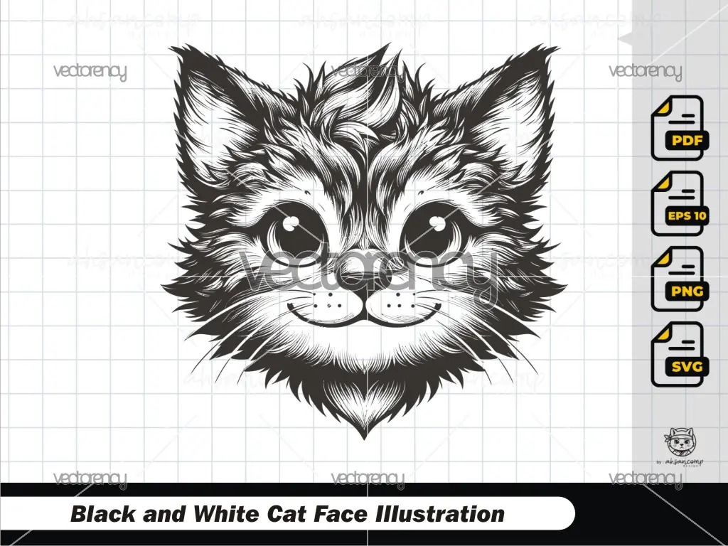 Black and White Cat Face Illustration 1