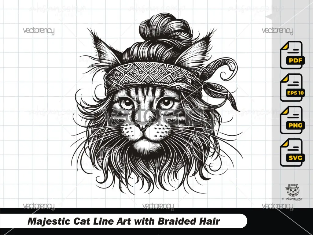 Majestic Cat Line Art with Braided Hair 3