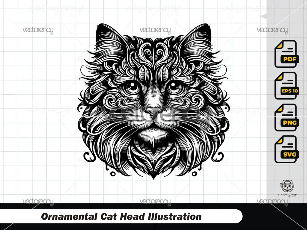 Ornamental Cat Head Illustration 4
